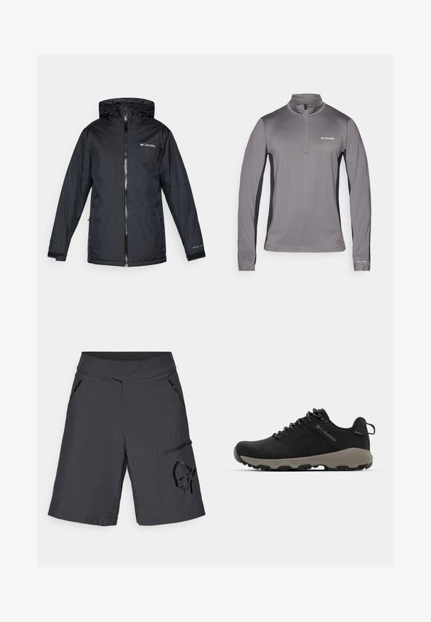 Svart Columbia vanntett hettejakke med frontglidelås, justerbare mansjetter og logo på brystet og ermet.; Grå genser med lange ermer og halv glidelås, teksturert stoff, kontrasterende svarte sidelapper og liten logo på brystet.; Mørkegrå shorts laget av lett stoff med en glidelåslomme og preget design på siden. Har flat midje og sydd nederkant.; Svart tursko med glatt overdel, perforert design, grå såle og forsterket hæl. Har snøringer og en pull-tab for enkel påkledning.