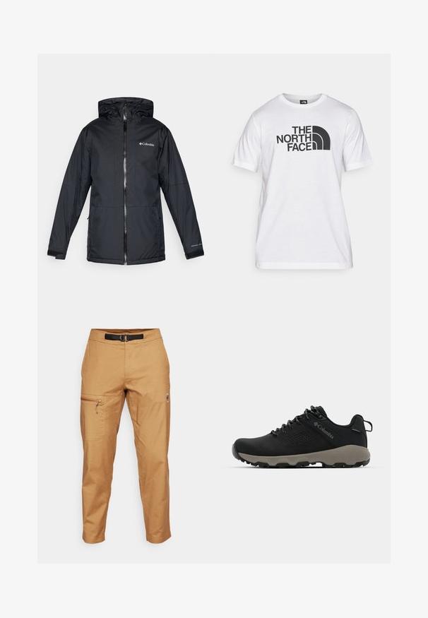 Černá voděodolná kapucová bunda Columbia s předním zipem, nastavitelnými manžetami a logem na prsou a rukávu.; Bílý bavlněný tričko s černým grafickým potiskem, na kterém je text a zakřivený design loga. Kulatý výstřih a krátké rukávy. Hladká textura.; Světle hnědé cargo kalhoty s užším střihem, se zipovou boční kapsou a černým pásem. Vyrobeno z texturované tkaniny.; Černá turistická bota s hladkým svrškem, perforovaným designem, šedou podrážkou a zesíleným patou. Obsahuje tkaničky a poutko pro snadné obutí.