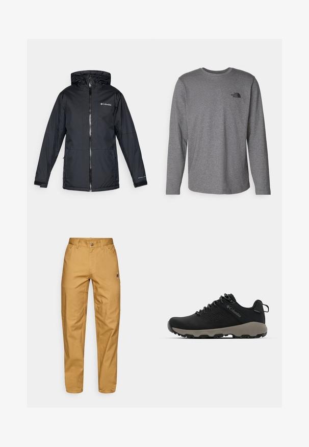 Giacca a vento nera Columbia impermeabile con cerniera anteriore, polsini regolabili e logo sul petto e sulla manica.; The North Face M L/S SIMPLE DOME TEE - Maglietta a manica lunga - medium grey heather; Pantaloni da lavoro beige da uomo con tasche anteriori, passanti per cintura, chiusura a bottone e un piccolo logo circolare sulla coscia destra.; Scarpa da trekking nera con tomaia liscia, design perforato, suola grigia e tallone rinforzato. Caratterizzata da lacci e un anello per una facile calzata.