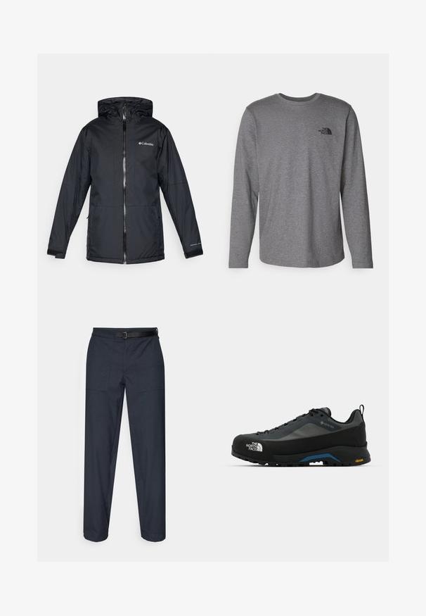Svart Columbia vattentät jacka med huva, framdragkedja, justerbara ärmslut och logotyp på bröstet och ärmen.; The North Face M L/S SIMPLE DOME TEE - Långärmad tröja - medium grey heather; Mörkblå byxor med rak skärning, som har två framfickor, ett justerbart svart bälte och en slät yta.; The North Face VERTO ALPINE GORE TEX - Hikingskor - asphalt grey/tnf black