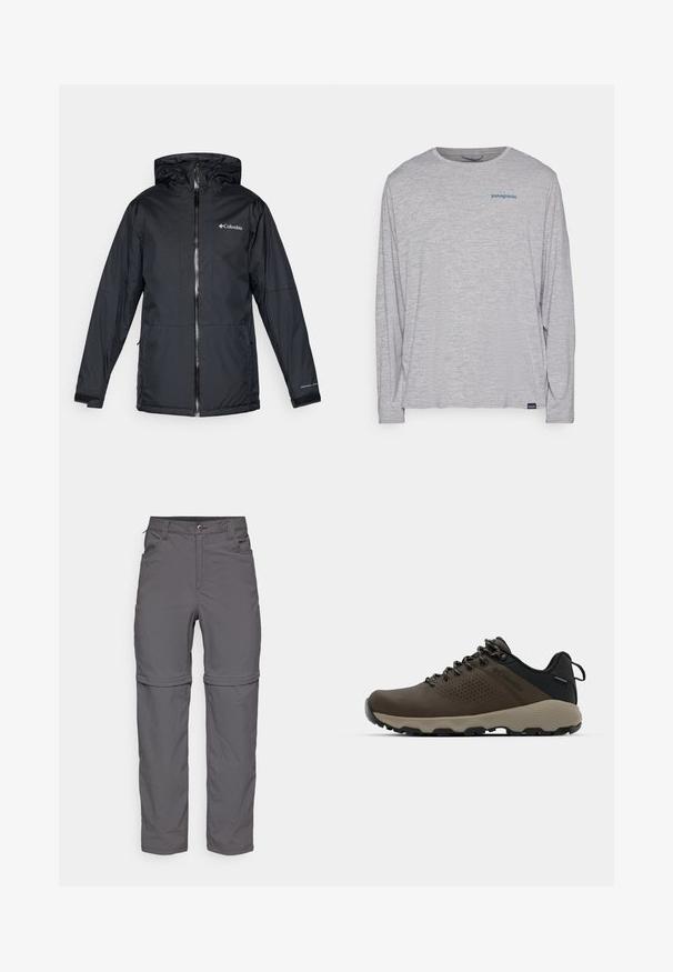 Crna vodootporna jakna s kapuljačom Columbia sa prednjim zatvaračem, podesivim manžetama i logotipom na prsima i rukavu.; Svijetlosivi dugi rukav majica od mekanog, teksturiranog materijala. Ima okrugli izrez i mali plavi Patagonia logo na prsima.; Sive hlače sa patentnim zatvaračem koje se mogu odvojiti, s glatkom teksturom, s kopčanjem na gumb, prednjim džepovima i podesivim manžetama za svestran stil.; Smeđe vodootporne tenisice s teksturiranom gornjom i perforiranim detaljima, crnom potporom za petu i sivim gumiranim potplatom. Čipke su stilizirane s metalnim krajevima.