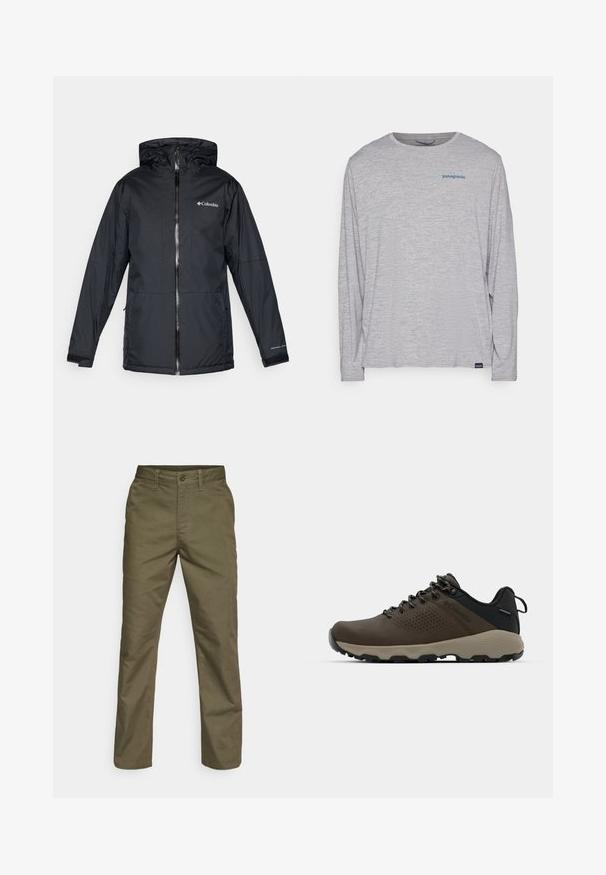 Črna Columbia vodoodporna jakna s kapuco, sprednjim zadrgo, nastavljivimi manšetami ter logotipom na prsih in rokavu.; Svetlo siva majica dugih rukava od mekog, teksturiranog materijala. Ima okrugli izrez i mali plavi Patagonia logo na grudima.; Olive zeleni bombažni hlače s ravnimi nogavicami, z gumbom za zapiranje in kavljem za pas, gladko teksturo in brez izrazitih vzorcev.; Rjave vodoodporne superge z teksturiranim zgornjim delom, perforiranimi detajli, črno podporo za peto in sivo gumijasto podlogo. Šnure imajo metalne konice.