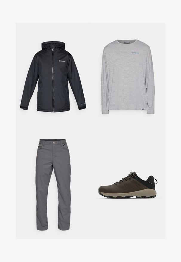 Black Columbia waterproof hooded jacket with front zipper, adjustable cuffs, and logo on chest and sleeve.; Light gray long-sleeve t-shirt made of soft, textured fabric. Features a crew neck and a small blue Patagonia logo on the chest.; Gray, straight-leg trousers made of lightweight fabric. Features two front pockets and a zip fly with a button closure. Smooth texture.; Brown waterproof sneakers with a textured upper, perforated accents, black heel support, and a grey rubber sole. Laces are styled with metallic ends.