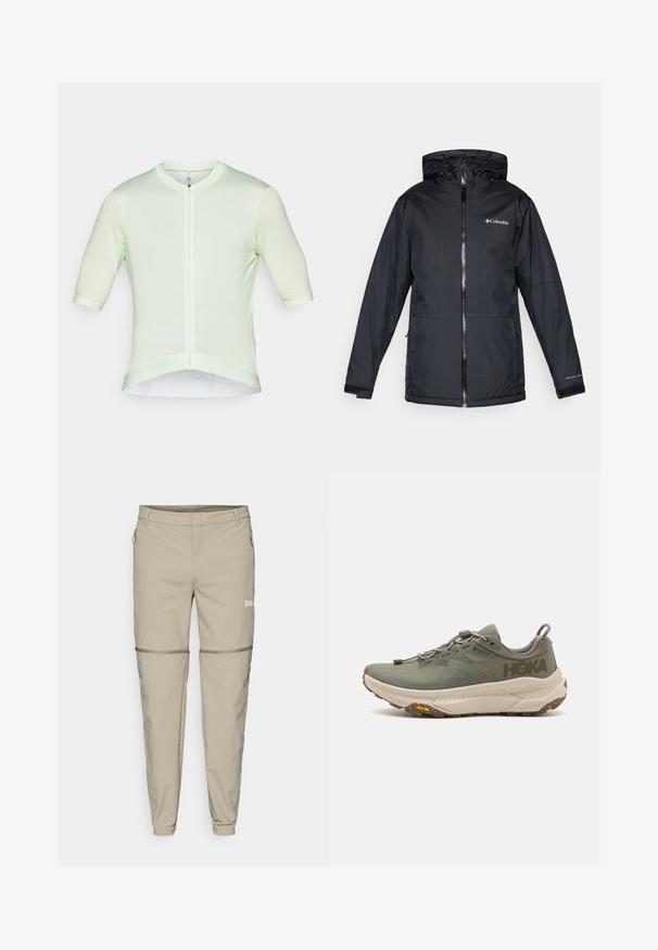 Svart Columbia vanntett hettejakke med frontglidelås, justerbare mansjetter og logo på brystet og ermet.; Kortermet topp i lysegrønn, laget av glatt stoff med glidelås, med rund halsutskjæring og en teksturert design på ermene.; Beige utendørsbukser med glidelåsavtakbar funksjon, slim fit, myk tekstur, sidelommer med glidelås og en subtil logo på venstre lår.; Grønn Hoka løpesko med Gore-Tex overdeler, teksturerte detaljer, elastiske lisser, og tykk beige såle med Vibram-logo.