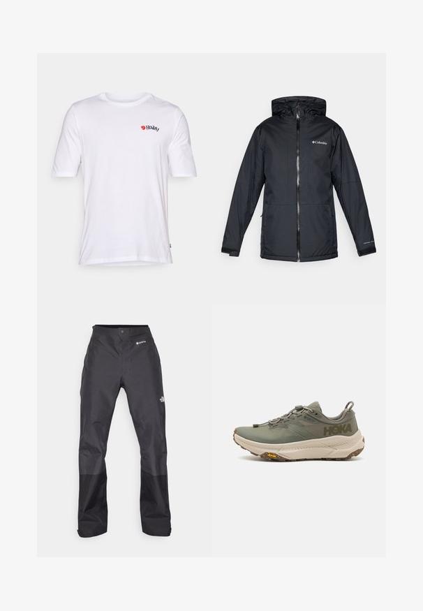 Chaqueta con capucha impermeable negra de Columbia con cremallera frontal, puños ajustables y logo en el pecho y la manga.; Camiseta de algodón blanca con cuello redondo, mangas cortas y un logo rojo y negro en el pecho. Textura suave, ajuste casual.; Pantalones impermeables negros con una textura suave, que presentan un logo de GORE-TEX en la parte frontal y piernas inferiores reforzadas para mayor durabilidad.; Zapatilla de running Hoka verde con parte superior de Gore-Tex, acentos texturizados, cordones elásticos y gruesa suela beige con el logo de Vibram.