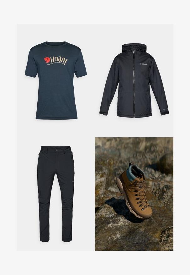 Sort Columbia vandtæt hættejakke med frontlynlås, justerbare manchetter og logo på brystet og ærmet.; Mørkeblå t-shirt lavet af letvægtsstof med et logo, der har et motiv af en rød ræv og teksten "HOJA! CYCLING EQUIPMENT FJÄLLRÄVEN SWEDEN."; Sorte udendørs bukser med lige pasform, der har lynlåslommer, bæltestropper og en let, slidstærk stofstruktur.; Brune vandrestøvle med en syntetisk overdel, lysblå krave, metaløjer og tekstureret gummisål. Designet til udendørs aktiviteter.
