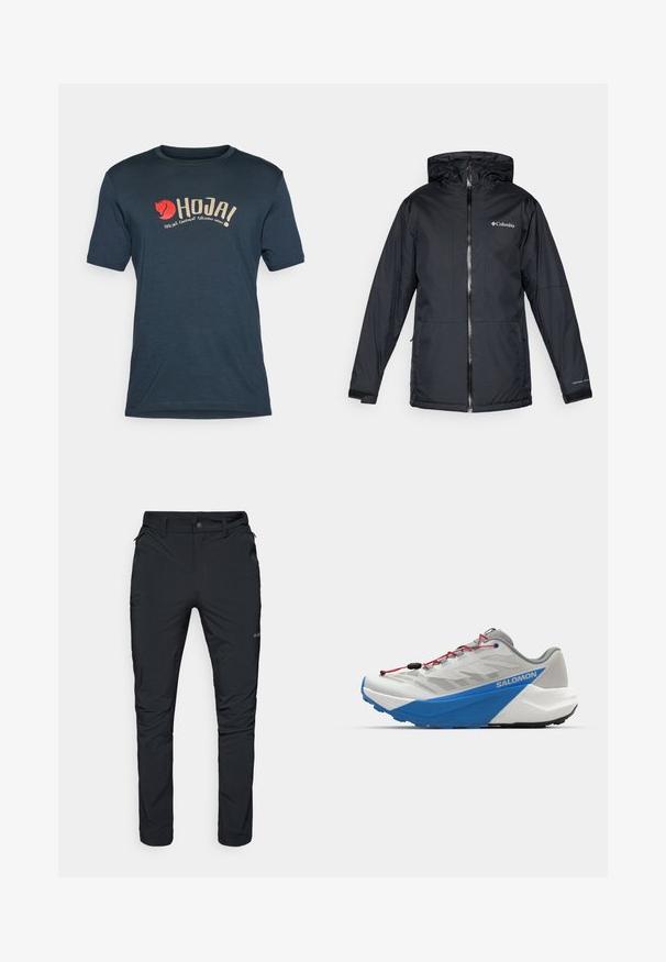 Mustan värvi Columbia veekindel kapuutsiga jakk, millel on esi tõmblukk, reguleeritavad mansetid ning logo rinnal ja varrukal.; Tumedat sinine T-särk kergest materjalist, millel on logo punase rebase graafik ja tekst "HOJA! CYCLING EQUIPMENT FJÄLLRÄVEN SWEDEN."; Mustad mustad välitaskud, sirge lõikega, tõmblukkudega taskud, vöödeljed ja kerge, vastupidav kangas.; Kerge jooksujalanõud hallis, sinise vaheosalaga ja punaste paeltega. Omab hingavat võrkkonstruktsiooni ja sügavat haardeväljasegu.