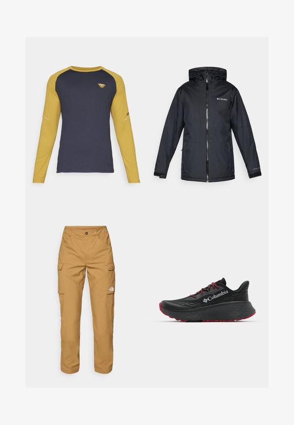 Černá voděodolná kapucová bunda Columbia s předním zipem, nastavitelnými manžetami a logem na prsou a rukávu.; Dynafit ALPINE černá; The North Face EXPLORATION PANTS - Kapsáče - utility brown; Černá sportovní bota s texturovaným svrškem, červenými tkaničkami a logem. Silná podrážka s vzorovaným dezénem pro lepší trakci. Minimalistický design, boční pohled.