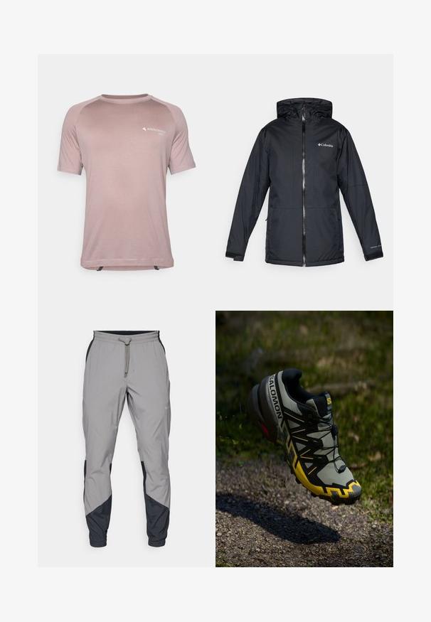 Juodas Columbia vandeniui atsparus jaqueta su kapišonu, priekyje su užtrauktuku, reguliuojamais rankogaliais ir logotipu ant krūtinės bei rankovės.; Šviesiai rožinė techninė marškinė su trumpomis rankovėmis, pagaminta iš kvėpuojančios medžiagos, su apvaliu kaklu, kontrastingomis petnešomis ir logotipo spauda.; Lengvas, pilkos sportinės kelnės su juodais akcentais. Elastingas juosmuo, raišteliu užsegimas, siaurėjantis kojų dizainas ir šoninės kišenės.; Salomon bėgimo bateliai, skirti trasoms, subtiliai pilkos spalvos su ryškiai geltonais akcentais. Pasižymi tekstūruotu padu, saugiu raištelių sistema ir paminkštintu apykakle.
