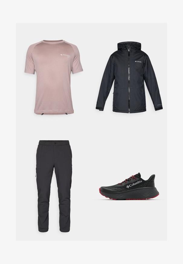 Black Columbia waterproof hooded jacket with front zipper, adjustable cuffs, and logo on chest and sleeve.; Light pink short-sleeve technical t-shirt made of breathable fabric, featuring a crew neck, contrasting shoulder panels, and a logo print.; Black, tapered pants with an elastic waistband, zippered side pocket, and smooth, lightweight fabric. Ideal for active wear.; Black athletic shoe with textured upper, red laces, and logo. Thick sole with patterned tread for traction. Minimalist design, side view.