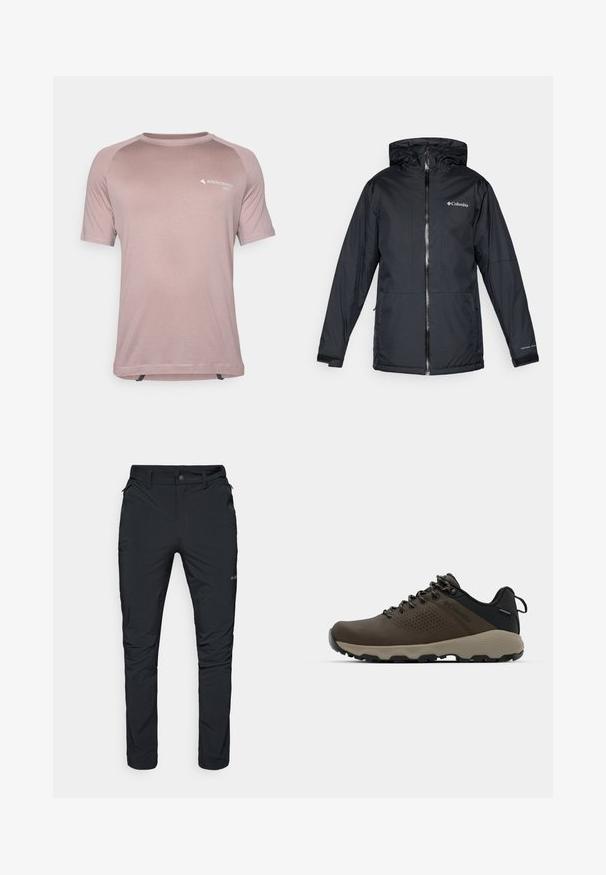 Melnā Columbia ūdensnecaurlaidīgā jaka ar kapuci, priekšējo rāvējslēdzēju, regulējamiem aprocēm un logo uz krūtīm un piedurknēm.; Gaiši rozā īsām piedurknēm tehniskā t-kreklu, kas izgatavots no elpojoša auduma, ar apaļu kakla izgriezumu, kontrastējošiem plecu paneļiem un logotipa druku.; Melnas ārējās bikses ar taisnu piegriezumu, aprīkotas ar rāvējslēdzēja kabatām, jostas cilpām un vieglu, izturīgu auduma tekstūru.; Brūni ūdensnecaurlaidīgi sporta apavi ar teksturētu virsu, perforētiem akcentiem, melnu papēža atbalstu un pelēku gumijas zoli. Šņores veidotas ar metāliskiem galiem.
