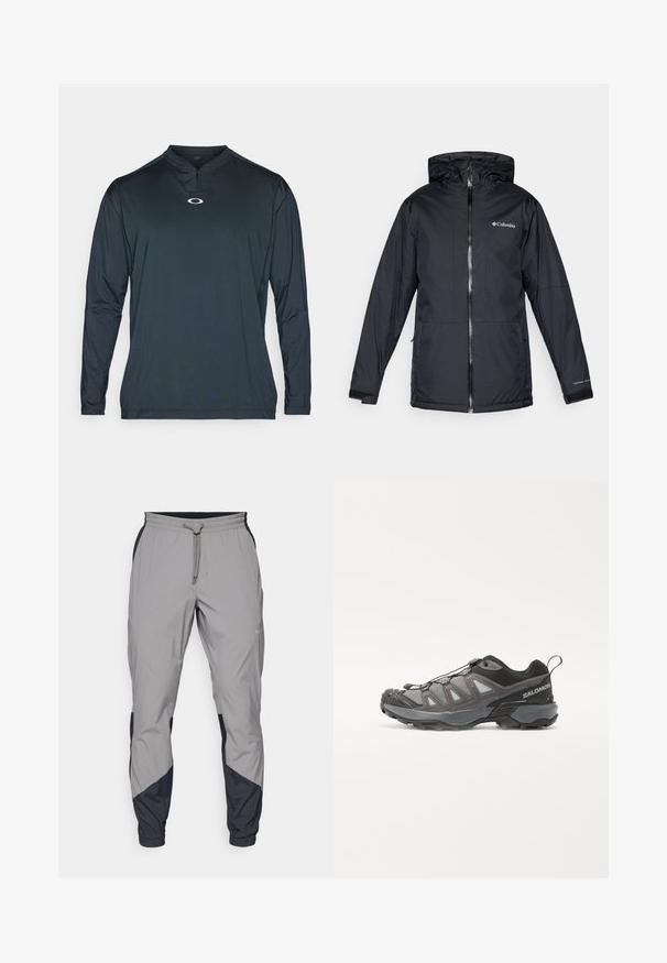 Schwarze Columbia wasserdichte Jacke mit Kapuze, Frontreißverschluss, verstellbaren Bündchen und Logo auf der Brust und dem Ärmel.; Dunkelblaues langärmeliges Sporthemd mit einem halben Reißverschluss-Kragen, das ein kleines weißes Logo auf der Brust sowie einen glatten, leichten Stoff aufweist.; Leichte, graue Sporthosen mit schwarzen Akzenten. Elastischer Bund, Kordelzugverschluss, taillierte Beinform und Seitentaschen.; Sportliche Schuhe mit einem schlanken Design, grauem synthetischem Obermaterial mit Netzpaneelen, schwarzen Akzenten und einer Gummisohle mit ausgeprägtem Profil.