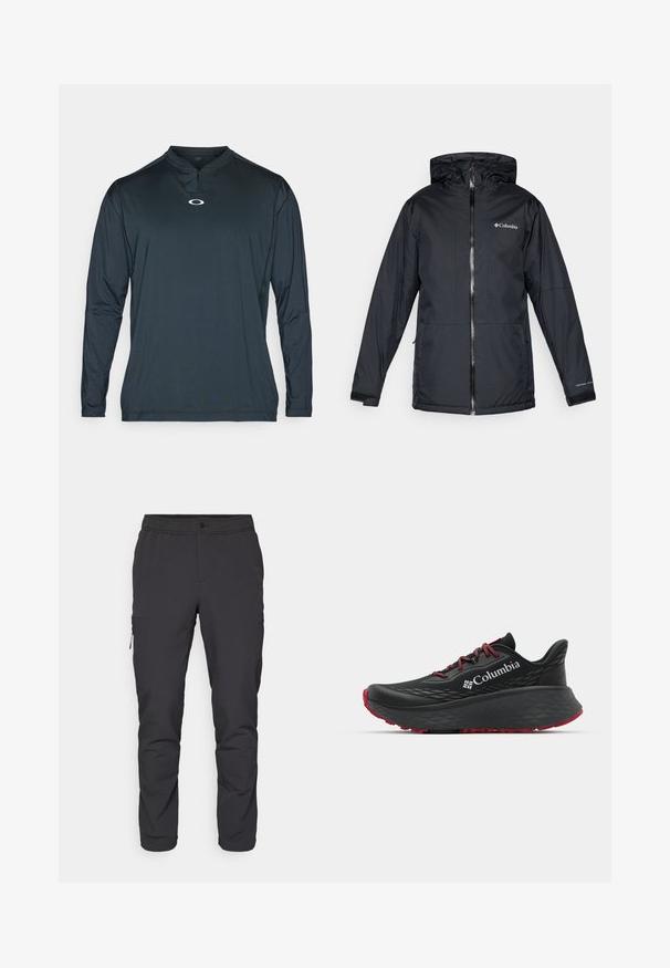 Fekete Columbia vízálló kapucnis dzseki elülső cipzárral, állítható mandzsettával, valamint logóval a mellkason és az ujjon.; Sötétkék, hosszú ujjú sportpóló félcipzárral, kicsi fehér logóval a mellkason, sima, könnyű anyagból.; Fekete, tapered szabású nadrág gumis derékrésszel, cipzáras oldalzsebbel és sima, könnyű anyaggal. Aktív viselethez ideális.; Fekete sportcipő texturált felsőrésszel, piros fűzőkkel és logóval. Vastag talp, mintás járófelülettel a tapadásért. Minimalista dizájn, oldalnézet.