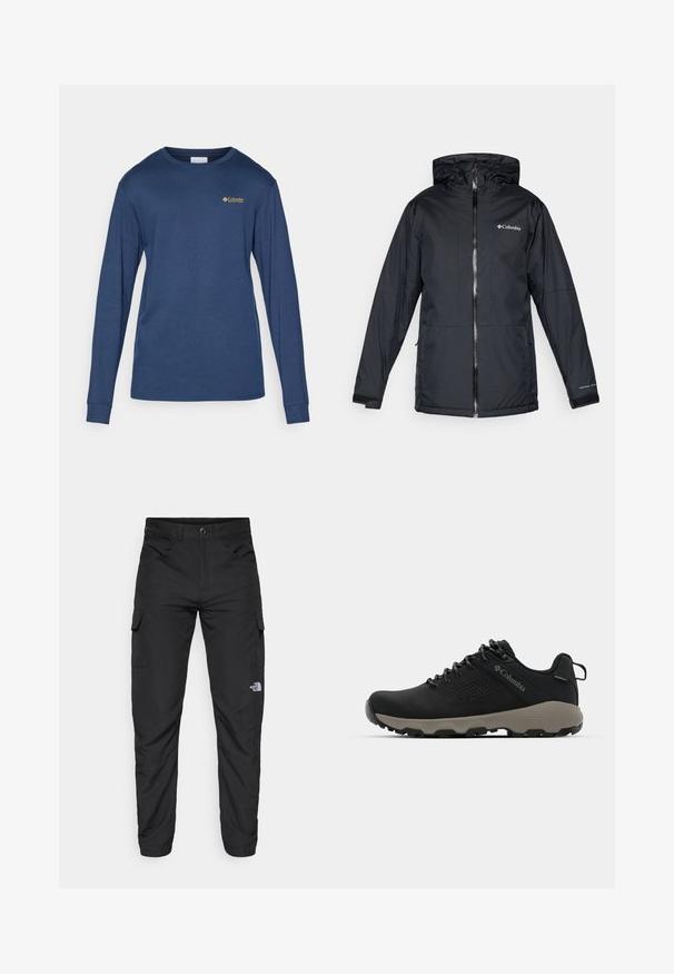 Juodas Columbia vandeniui atsparus jaqueta su kapišonu, priekyje su užtrauktuku, reguliuojamais rankogaliais ir logotipu ant krūtinės bei rankovės.; Jūrinis ilgomis rankovėmis marškinis, pagamintas iš medvilnės mišinio. Yra apvalus iškirpimas ir mažas siuvinėtas logotipas krūtinėje. Lygus paviršius.; The North Face HORIZON PANT - Lauko kelnės - black; Juodas žygio batukas su lygiu viršumi, perforuotu dizainu, pilku padu ir sustiprintu kulnu. Yra raišteliai ir kilputė, skirta patogiam užsivilkimui.