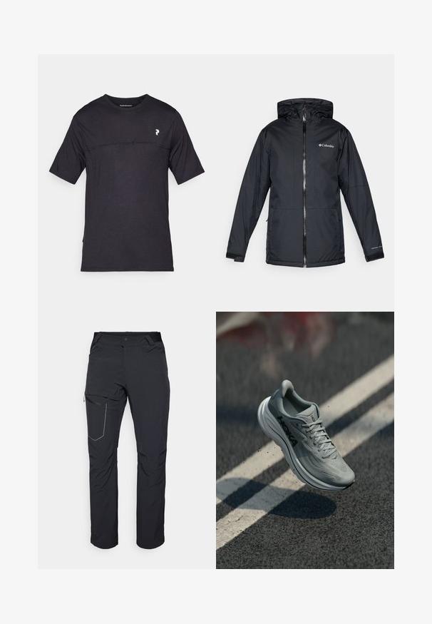 Mustan Columbia-vesitiivis hupullinen takki etuvetoketjulla, säädettävillä hihansuilla ja logolla rinnassa ja hihassa.; Peak Performance TRAIL - Printtipaita - black; Mustat ulkoiluhousut, joissa on vetoketjullinen reisitasku, joustava vyötärö ja sileä, vettä hylkivä kangas. Siisti muotoilu ilman näkyviä logoja.; Vaaleanharmaat Hoka-juoksukengät ilmassa asfalttitiellä, jossa on valkoisia kaistamerkintöjä ja pieniä maanpartikkeleita.
