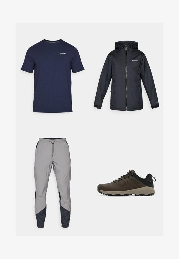 Mustan värvi Columbia veekindel kapuutsiga jakk, millel on esi tõmblukk, reguleeritavad mansetid ning logo rinnal ja varrukal.; Tumed sinine puuvillane T-särk lühikeste varrukatega, ümar kaelus ning valge "patagonia" logo vasakul rinnal. Pehme tekstuur, klassikaline lõige.; Kergedatud hallid sportlikud püksid mustade aktsentidega. Elastne vöökoht, stringiga sulgemine, kitsenev jala disain ja küljetaskud.; Kohandatud veekindlad pruunid spordijalatsid tekstuuriga pealisega, perforatsioonidega detailid, must kandetoetav osa ja hall kummine sisetald. Paelad on metallist otstega.