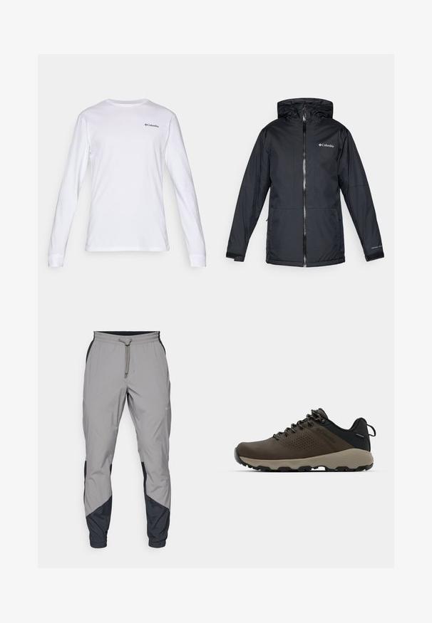 Black Columbia waterproof hooded jacket with front zipper, adjustable cuffs, and logo on chest and sleeve.; Long-sleeve white T-shirt made of cotton, featuring a crew neck and a small black Columbia logo on the chest. Soft texture, fitted design.; Lightweight, gray athletic pants with black accents. Elastic waistband, drawstring closure, tapered leg design, and side pockets.; Brown waterproof sneakers with a textured upper, perforated accents, black heel support, and a grey rubber sole. Laces are styled with metallic ends.