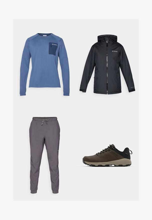 Zwarte Columbia waterdichte hoodie-jack met voorrits, verstelbare manchetten en logo op de borst en mouw.; Columbia COLUMBIA TECH™ LONG SLEEVE CREW - Longsleeve - collegiate navy; Grijze, lichte, elastische broek met verstelbare koord; taps toelopende benen; gladde textuur; inclusief logo-detail aan de zijkant.; Bruine waterdichte sneakers met een gestructureerde bovenkant, geperforeerde accenten, zwarte hielsteun en een grijze rubberen zool. De veters zijn voorzien van metalen uiteinden.