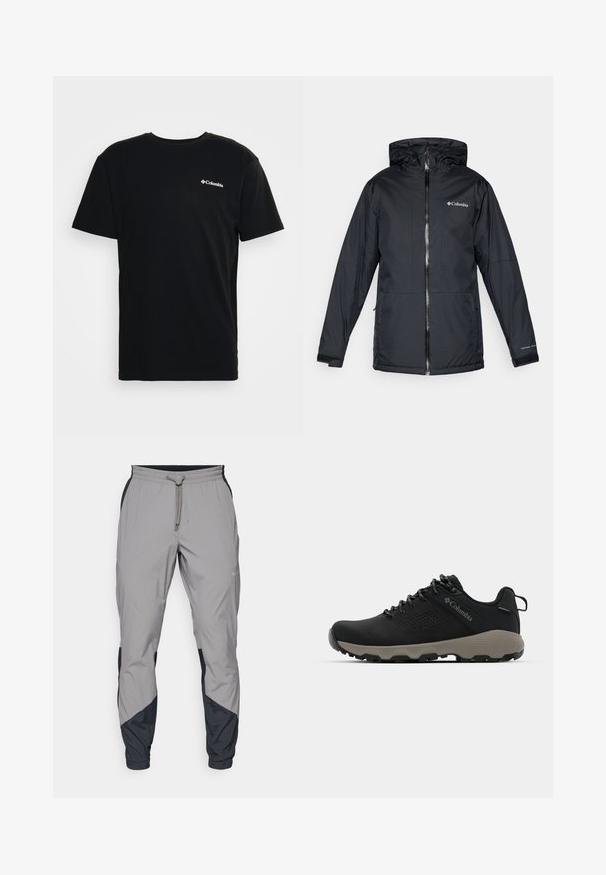 Μαύρο αδιάβροχο jacket Columbia με κουκούλα, μπροστινό φερμουάρ, ρυθμιζόμενα μανίκια και λογότυπο στο στήθος και στο μανίκι.; Μαύρο βαμβακερό T-shirt με κοντά μανίκια και στρογγυλή λαιμόκοψη. Διαθέτει λογότυπο Columbia σε λευκό χρώμα στο αριστερό στήθος. Μαλακή υφή.; Ελαφρύ γκρι αθλητικό παντελόνι με μαύρες λεπτομέρειες. Ελαστική μέση, κλείσιμο με κορδόνι, σχέδιο με στενό πόδι και πλαϊνές τσέπες.; Μαύρο ορειβατικό παπούτσι με λείο επάνω μέρος, διάτρητο σχέδιο, γκρι σόλα και ενισχυμένη φτέρνα. Διαθέτει κορδόνια και κρίκο για εύκολη φόρμα.