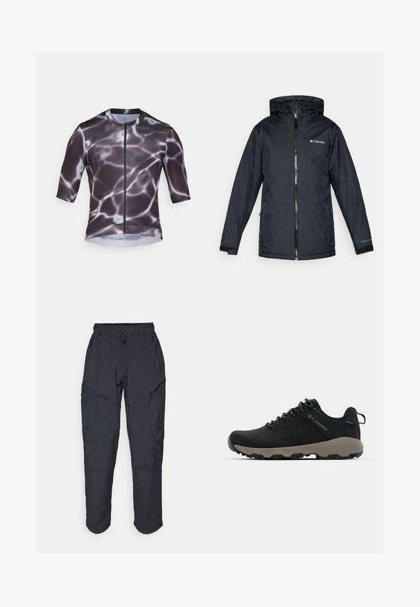 Černá voděodolná kapucová bunda Columbia s předním zipem, nastavitelnými manžetami a logem na prsou a rukávu.; Cyklotriko s krátkým rukávem v černé a šedé barvě s vodním vzorem, s předním zipem a hladkým, elastickým materiálem.; Černé cargo kalhoty vyrobené z lehkého, voděodolného materiálu; mají elastický pas, několik kapes na zip a zúžené nohavice.; Černá turistická bota s hladkým svrškem, perforovaným designem, šedou podrážkou a zesíleným patou. Obsahuje tkaničky a poutko pro snadné obutí.
