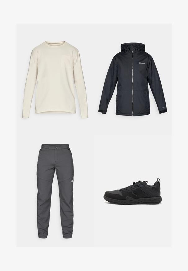 Juodas Columbia vandeniui atsparus jaqueta su kapišonu, priekyje su užtrauktuku, reguliuojamais rankogaliais ir logotipu ant krūtinės bei rankovės.; Ilgomis rankovėmis, apvaliu iškirpimu, šviesius smėlio spalvos medvilnės marškiniai. Savybė - subtili kišenė kairiajame krūtinės šone ir kreivas apatinis kraštas, užtikrinantis laisvą prigludimą.; Pilki lauko kelnių pagaminti iš tvirto audinio, su mygtuko uždarymu, diržo kilpomis ir logotipu prie apatinės kojos dalies.; Juodas sportinis batelis su tinklelio ir zomšos viršumi, turi sustiprintas vietas, apvalų pirštą, tekstūruotą padą ir traukimo kilpelę ant kulno.