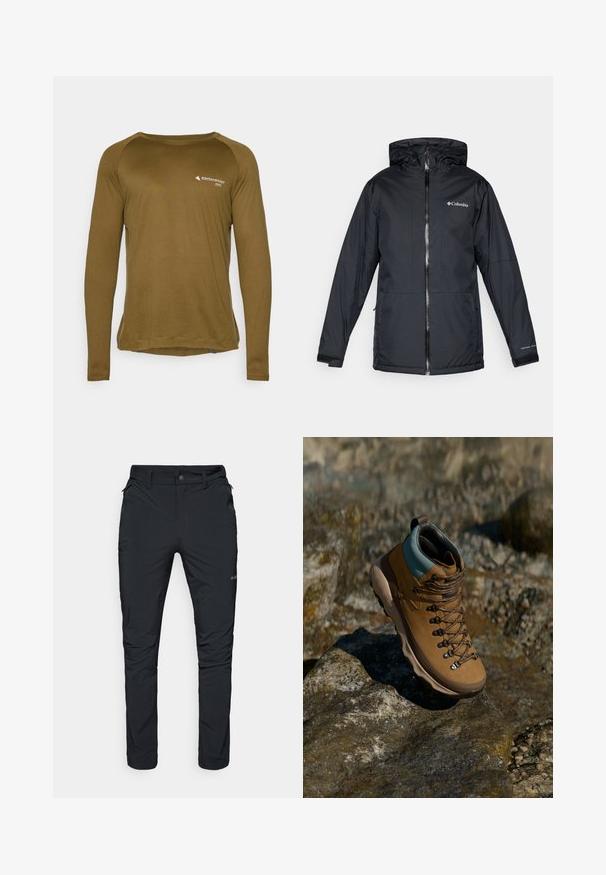 Juodas Columbia vandeniui atsparus jaqueta su kapišonu, priekyje su užtrauktuku, reguliuojamais rankogaliais ir logotipu ant krūtinės bei rankovės.; Ilgų rankovių marškiniai alyvuogių spalvos, pagaminti iš tekstūruoto audinio. Savybės: apvalus iškirpimas ir mažas logotipas priekyje.; Juodi lauko kelnės su tiesiu siluetu, turinčios užtrauktukų kišenes, diržo kilpas ir lengvą, patvarią audinio tekstūrą.; Rudi žygio batai su sintetine viršutine dalimi, šviesiai mėlynu apvadu, metaliniais akių laikikliais ir tekstūruotu gumuotu padu. Sukurti lauko veikloms.