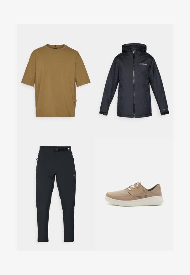 Zwarte Columbia waterdichte hoodie-jack met voorrits, verstelbare manchetten en logo op de borst en mouw.; Korte mouwen, bruine t-shirt gemaakt van zachte stof, met een ronde halslijn en zijsplitten voor extra comfort. Eenvoudig, ongecompliceerd ontwerp.; Columbia ESSENTIAL HIKE™ PANT - Outdoorbroeken - black; Beige canvas sneaker met lichtbruine leren accenten, witte veters en perforaties aan de zijkant, met een gevoerde zool.