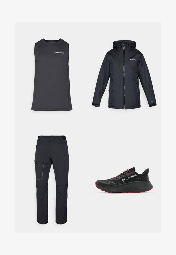 Juodas Columbia vandeniui atsparus jaqueta su kapišonu, priekyje su užtrauktuku, reguliuojamais rankogaliais ir logotipu ant krūtinės bei rankovės.; Bežėnė tamsiai pilka sportinė marškinė, pagaminta iš tekstūruoto audinio, su apvaliame kakle ir nedideliu logotipu priekyje.; Juodos lauko kelnės su užtrauktuku šlaunies kišenėje, elastinga juosmeniu ir lygiu, vandens nepraleidžiančiu audiniu. Tinkama dizaino forma be matomų logotipų.; Juodas sportinis batelis su tekstūruota viršutine dalimi, raudonais raišteliais ir logotipu. Storas padas su raštuotu protektoriu traukai. Minimalistinis dizainas, šoninis vaizdas.