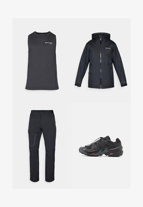 Juodas Columbia vandeniui atsparus jaqueta su kapišonu, priekyje su užtrauktuku, reguliuojamais rankogaliais ir logotipu ant krūtinės bei rankovės.; Bežėnė tamsiai pilka sportinė marškinė, pagaminta iš tekstūruoto audinio, su apvaliame kakle ir nedideliu logotipu priekyje.; Juodos lauko kelnės su užtrauktuku šlaunies kišenėje, elastinga juosmeniu ir lygiu, vandens nepraleidžiančiu audiniu. Tinkama dizaino forma be matomų logotipų.; Juodas bėgimo batelis su sintetiniu viršumi, tekstūruotu dizainu ir kontrastingais raudonais akcentais. Turintis saugų raištelių sistemą ir tvirtą pado konstrukciją.