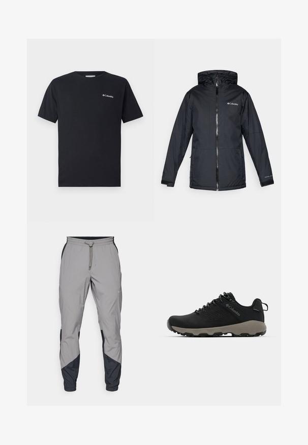 Melnā Columbia ūdensnecaurlaidīgā jaka ar kapuci, priekšējo rāvējslēdzēju, regulējamiem aprocēm un logo uz krūtīm un piedurknēm.; Melnas īsām piedurknēm T-krekls, izgatavots no kokvilnas, ar nelielu baltu Columbia logotipu kreisajā krūtī. Klasisks apaļš kakla izgriezums un brīvs piegriezums.; Viegls, pelēks sporta bikses ar melniem akcentiem. Elastīga josta, ar auklu aizdare, sašaurināts kāju dizains un sānu kabatas.; Melnas pārgājienu kurpes ar gludu virsu, perforētu dizainu, pelēku zoli un nostiprinātu papēdi. Iekļauj auklas un cilpu vieglai uzvilkšanai.