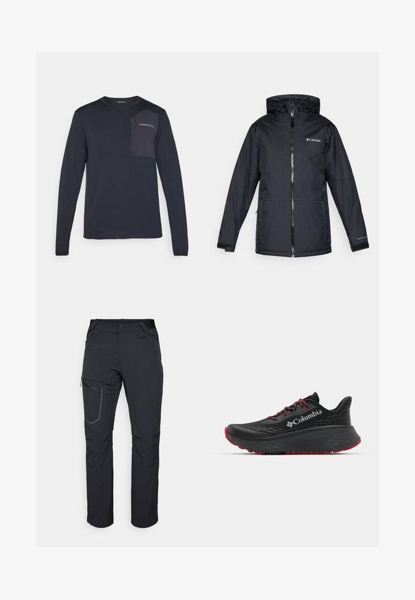 Μαύρο αδιάβροχο jacket Columbia με κουκούλα, μπροστινό φερμουάρ, ρυθμιζόμενα μανίκια και λογότυπο στο στήθος και στο μανίκι.; Μπλούζα ναυτικού τύπου με μακριά μανίκια, κατασκευασμένη από υφαντό ύφασμα, με τσέπη στο αριστερό στήθος με κορδόνι και λογότυπο. Απλός, καθαρός σχεδιασμός.; Μαύρο παντελόνι εξωτερικού χώρου με τσέπη μηρού με φερμουάρ, ελαστική μέση και λείο, αδιάβροχο ύφασμα. Καθαρός σχεδιασμός χωρίς ορατά λογότυπα.; Μαύρο αθλητικό παπούτσι με υφή στην επάνω πλευρά, κόκκινες κορδόνες και λογότυπο. Παχύ πέλμα με μοτίβο για πρόσφυση. Μινιμαλιστικός σχεδιασμός, πλευρική όψη.