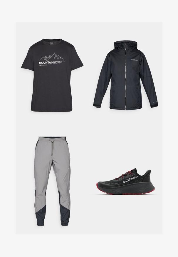 Černá voděodolná kapucová bunda Columbia s předním zipem, nastavitelnými manžetami a logem na prsou a rukávu.; Peak Performance EXPLORE GRAPHIC TEE - Triko s potiskem - black; Lehké šedé sportovní kalhoty s černými detaily. Elastický pas, stahovací šňůrka, tapered nohavice a boční kapsy.; Černá sportovní bota s texturovaným svrškem, červenými tkaničkami a logem. Silná podrážka s vzorovaným dezénem pro lepší trakci. Minimalistický design, boční pohled.
