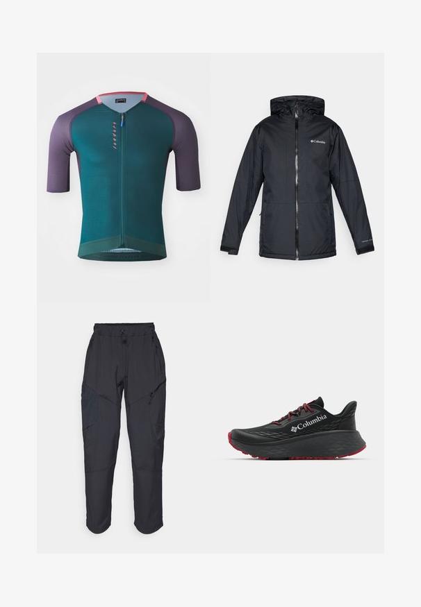Veste à capuche imperméable noire Columbia avec fermeture éclair sur le devant, poignets ajustables et logo sur la poitrine et la manche.; Maillot de cyclisme à manches courtes en teal avec des épaules violettes, comprenant une fermeture éclair quart de tour, un tissu texturé et un logo rose à l'avant.; Pantalons cargo noirs en matériau léger et résistant à l'eau ; dotés d'une taille élastique, de plusieurs poches zippées et de jambes fuselées.; Chaussure de sport noire avec tige texturée, lacets rouges et logo. Semelle épaisse avec motif de la semelle pour une meilleure adhérence. Design minimaliste, vue de côté.