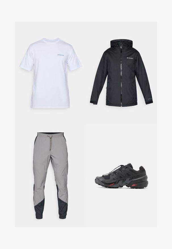 Črna Columbia vodoodporna jakna s kapuco, sprednjim zadrgo, nastavljivimi manšetami ter logotipom na prsih in rokavu.; Bela bomba majica iz 100% bombaža s kratkimi rokavi, okroglo ovratnikom in svetlomodrim logotipom Patagonia natisnjenim na levi strani prsnega koša. Gladka tekstura.; Lahki, sivi atletski hlače z črnimi dodatki. Elastika v pasu, zategovalna vrvica, oblikovana noga in stranske žepe.; Črne tekaške čevlje s sintetičnim zgornjim delom, teksturiranim dizajnom in kontrastnimi rdečimi poudarki. Imajo zavarovan sistem vezalk in trden podplat.