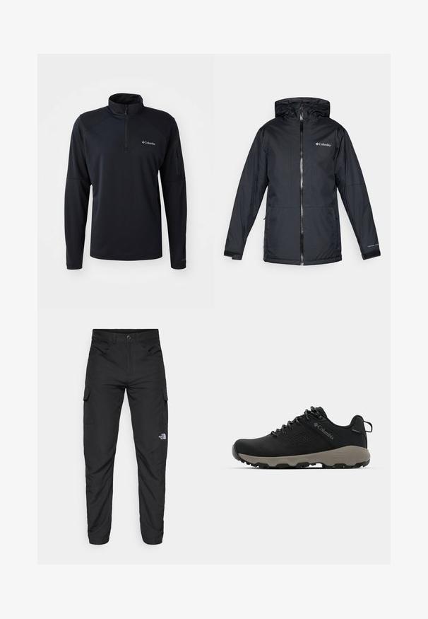 Mustan värvi Columbia veekindel kapuutsiga jakk, millel on esi tõmblukk, reguleeritavad mansetid ning logo rinnal ja varrukal.; Mustu poolsaapaga pooltäis lukuga topp, mis on valmistatud pehmest ja venivast kangast. Omab raglaanvarrukaid, lukustatav tasku vasakul käel ja logodetaili.; The North Face HORIZON PANT - Õuepüksid - black; Mustad matkajalanõud musta ülemise osaga, sileda pinnaga, perforatsiooni disainiga, hallal väljal ja tugevdatud kontsaga. Omab paelu ja tõmbetaba lihtsaks selga panemiseks.