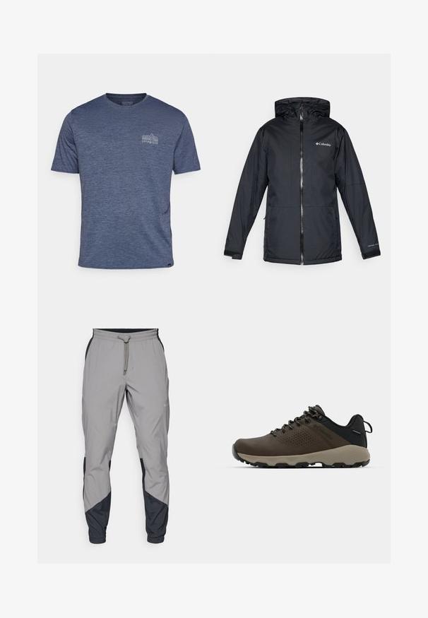 Čierna vodotesná bunda Columbia s kapucňou, predným zipperom, nastaviteľnými manžetami a logom na hrudi a rukáve.; Patagonia DAILY GRAPHIC SHIRT - Športové tričko - smolder blue; Ľahké, šedé športové nohavice s čiernymi akcentmi. Elastický pás, sťahovanie pomocou šnúrky, zúžený strih nohavíc a bočné vrecká.; Hnedé vodoodolné tenisky s textúrovaným zvrškom, perforovanými detailmi, čiernou oporou päty a šedou gumovou podrážkou. Šnúrky sú ozdobené kovovými koncami.