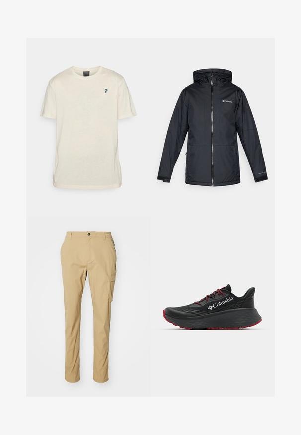 Černá voděodolná kapucová bunda Columbia s předním zipem, nastavitelnými manžetami a logem na prsou a rukávu.; Peak Performance EXPLORE GRAPHIC TEE - Triko s potiskem - sand fog; Khaki cargo kalhoty vyrobené z lehké tkaniny, s rovným střihem, bočními kapsami a zapínáním na knoflík v pase.; Černá sportovní bota s texturovaným svrškem, červenými tkaničkami a logem. Silná podrážka s vzorovaným dezénem pro lepší trakci. Minimalistický design, boční pohled.
