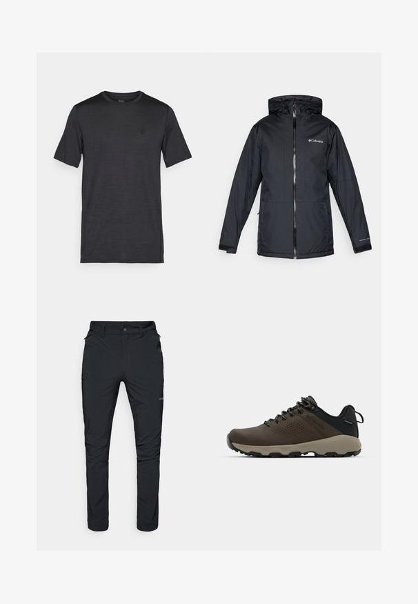 Mustan värvi Columbia veekindel kapuutsiga jakk, millel on esi tõmblukk, reguleeritavad mansetid ning logo rinnal ja varrukal.; Must hämaras lühikeste varrukatega t-särk, mis on valmistatud sujuvast ja kergest kangast. Omab ümmargust kaelust ja rinnal on ääristatud logo.; Mustad mustad välitaskud, sirge lõikega, tõmblukkudega taskud, vöödeljed ja kerge, vastupidav kangas.; Kohandatud veekindlad pruunid spordijalatsid tekstuuriga pealisega, perforatsioonidega detailid, must kandetoetav osa ja hall kummine sisetald. Paelad on metallist otstega.