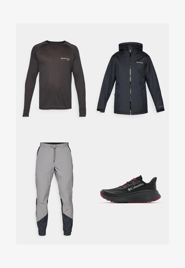 Černá voděodolná kapucová bunda Columbia s předním zipem, nastavitelnými manžetami a logem na prsou a rukávu.; Dlouhá rukávová sportovní košile v jednobarevné černé barvě, s kulatým výstřihem a raglánovými rukávy. Vyrobena z tkaniny s odváděním vlhkosti a s logem.; Lehké šedé sportovní kalhoty s černými detaily. Elastický pas, stahovací šňůrka, tapered nohavice a boční kapsy.; Černá sportovní bota s texturovaným svrškem, červenými tkaničkami a logem. Silná podrážka s vzorovaným dezénem pro lepší trakci. Minimalistický design, boční pohled.