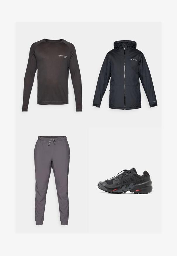 Mustan värvi Columbia veekindel kapuutsiga jakk, millel on esi tõmblukk, reguleeritavad mansetid ning logo rinnal ja varrukal.; Pikemate käised sportlik särk ühtlasest mustast värvist, ümmarguse kaelusega ja raglan varrukatega. Valmistatud niiskust eemaldas materiaalsest kangast, millel on logoelement.; Hallid hallid, kergekaalulised, elastse vöökohtadega püksid, mis on varustatud reguleeritava nööriga; kitsenevad jalad; sile tekstuur; sisaldab logo detaili küljel.; Mustad mustus jooksujalats sünteetilisest ülemisest, tekstuurse disaini ja kontrastsete punaste aktsentidega. Omab kinnitatud nöörisüsteemi ja karmist alaosa.