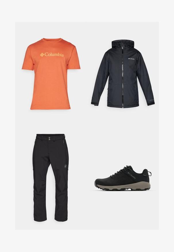Zwarte Columbia waterdichte hoodie-jack met voorrits, verstelbare manchetten en logo op de borst en mouw.; Oranje katoenen t-shirt met een ronde hals en korte mouwen, met een opvallend geel "Columbia" logo over de borst.; Zwarte outdoorbroek met een recht model, gemaakt van duurzaam materiaal. Voorzien van twee voorzakken met ritsen en een logo op de bovenbeen.; Zwarte wandelschoen met een soepele bovenkant, geperforeerd ontwerp, grijze buitenzool en versterkte hiel. Voorzien van veters en een trekriem voor gemakkelijk aan- en uittrekken.