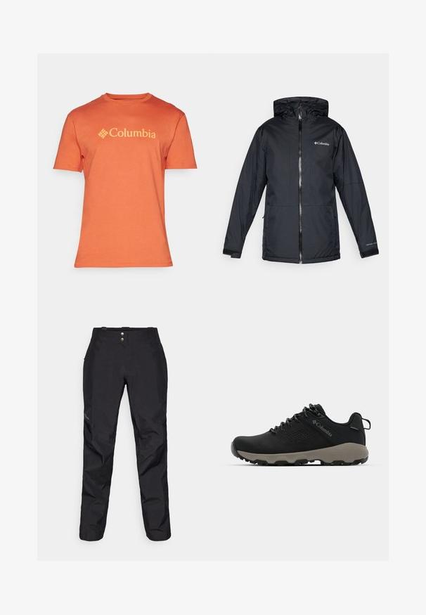 Chaqueta con capucha impermeable negra de Columbia con cremallera frontal, puños ajustables y logo en el pecho y la manga.; Camiseta de algodón naranja con cuello redondo y mangas cortas, con un destacado logo amarillo de "Columbia" en el pecho.; Pantalones impermeables negros con una textura suave, que presentan dos botones en la parte frontal y un diseño de pierna ajustada. Acabados con un logo en el costado.; Zapato de senderismo negro con una parte superior lisa, diseño perforado, suela gris y talón reforzado. Cuenta con cordones y un asa para facilitar el uso.