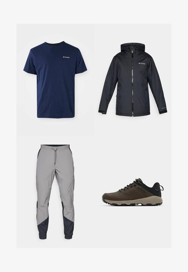 Casaco impermeável com capuz da Columbia, na cor preta, com fecho frontal, punhos ajustáveis e logotipo no peito e na manga.; T-shirt de algodão azul-marinho de mangas curtas com decote redondo e um pequeno logótipo branco da Columbia no lado esquerdo do peito. Textura suave, ajuste clássico.; Calças de treino leves e cinzentas com detalhes pretos. Cintura elástica, fecho com cordão, design de perna afunilada e bolsos laterais.; Ténis impermeáveis castanhos com um upper texturizado, detalhes perfurados, apoio para o calcanhar preto e uma sola de borracha cinza. Os atacadores têm extremidades metálicas.