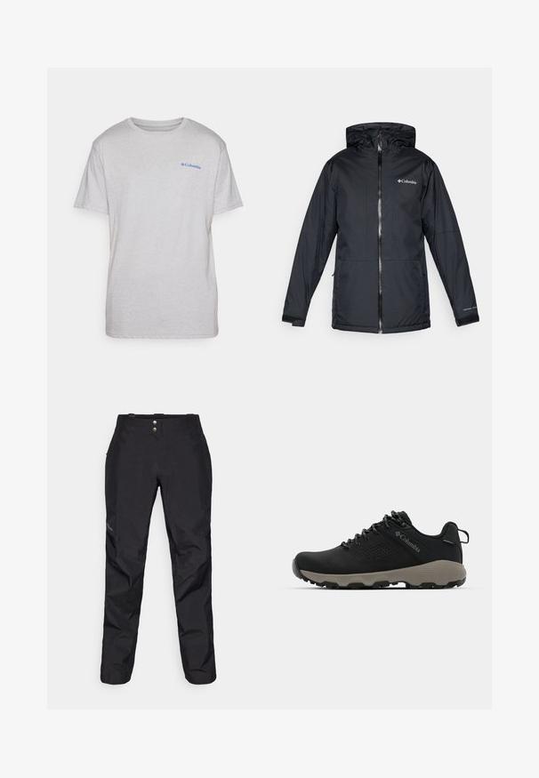 Melnā Columbia ūdensnecaurlaidīgā jaka ar kapuci, priekšējo rāvējslēdzēju, regulējamiem aprocēm un logo uz krūtīm un piedurknēm.; Columbia NORTH CASCADES™ SHORT SLEEVE TEE - Apdrukāts T-krekls - grey; Melni ūdensizturīgi bikses ar gludu tekstūru, kas aprīkotas ar diviem priekšējiem pogām un sašaurināta kāju dizainu. Uzsvars ar logotipu sānos.; Melnas pārgājienu kurpes ar gludu virsu, perforētu dizainu, pelēku zoli un nostiprinātu papēdi. Iekļauj auklas un cilpu vieglai uzvilkšanai.