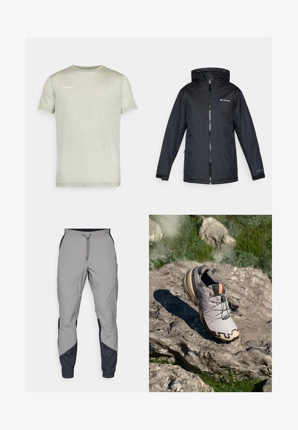 Černá voděodolná kapucová bunda Columbia s předním zipem, nastavitelnými manžetami a logem na prsou a rukávu.; Světle zelené tričko s krátkým rukávem vyrobené z měkké tkaniny. Má kulatý výstřih a bílé logo „MAMMUT“ vytištěné na hrudi.; Lehké šedé sportovní kalhoty s černými detaily. Elastický pas, stahovací šňůrka, tapered nohavice a boční kapsy.; Světlé šedé trailové běžecké boty s béžovými akcenty, texturovaný svršek, černé šněrování a výrazný vzorek na podrážce. Obsahuje logo značky.