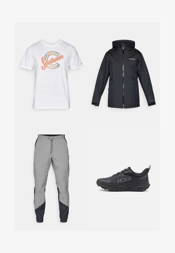 Chaqueta con capucha impermeable negra de Columbia con cremallera frontal, puños ajustables y logo en el pecho y la manga.; Camiseta de algodón blanca con un gráfico multicolor de "Sportswear" que presenta patrones geométricos y acentos, cuello redondo y mangas cortas.; Pantalones deportivos ligeros y grises con acentos negros. Cintura elástica, cierre con cordón, diseño de pierna ajustada y bolsillos laterales.; Zapatilla de running Hoka negra con parte superior de malla, detalles texturizados y una suela gruesa y acolchada con bordes cónicos para un mayor soporte.