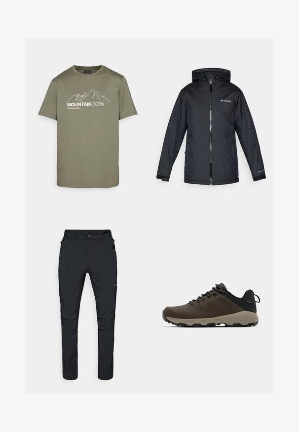 Črna Columbia vodoodporna jakna s kapuco, sprednjim zadrgo, nastavljivimi manšetami ter logotipom na prsih in rokavu.; Peak Performance EXPLORE GRAPHIC TEE - Potiskana majica - pine needle; Črne zunanje hlače s ravnim krojem, opremljene z žepi na zadrgo, zankami za pas in lahkotno, trpežno teksturo tkanine.; Rjave vodoodporne superge z teksturiranim zgornjim delom, perforiranimi detajli, črno podporo za peto in sivo gumijasto podlogo. Šnure imajo metalne konice.