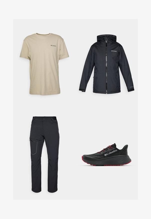 Mustan värvi Columbia veekindel kapuutsiga jakk, millel on esi tõmblukk, reguleeritavad mansetid ning logo rinnal ja varrukal.; Beige puuvillane t-särk lühikeste varrukatega, ümmarguse kaelusega ja väike must logo vasakul rinnal. Sile tekstuur, lõdva kujundusega.; Mustad musta värvi välispüksid, millel on tõmblukuga reiepocket, elastne vöökoht ja sile, veekindel kangas. Puhas disain ilma nähtavate logodeta.; Mustan värvi spordijalats tekstuuriga pealisega, punaste paelte ja logoga. Paksem tallaga, millel on mustritooted kaheksast edasi liikumiseks. Minimalistlik disain, külgvaade.