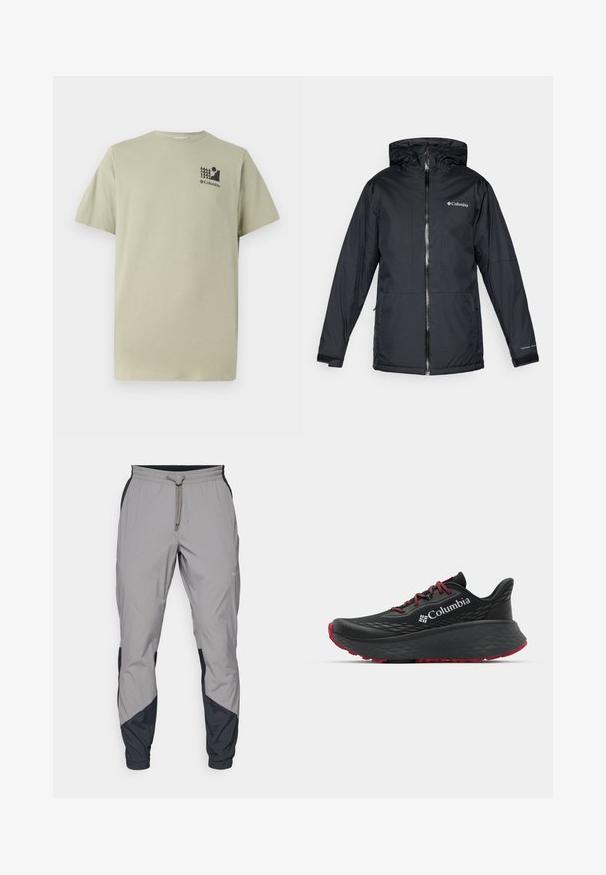 Black Columbia waterproof hooded jacket with front zipper, adjustable cuffs, and logo on chest and sleeve.; Light olive green cotton T-shirt with short sleeves, crew neck, and small black graphic featuring trees and a sun on the chest.; Lightweight, gray athletic pants with black accents. Elastic waistband, drawstring closure, tapered leg design, and side pockets.; Black athletic shoe with textured upper, red laces, and logo. Thick sole with patterned tread for traction. Minimalist design, side view.