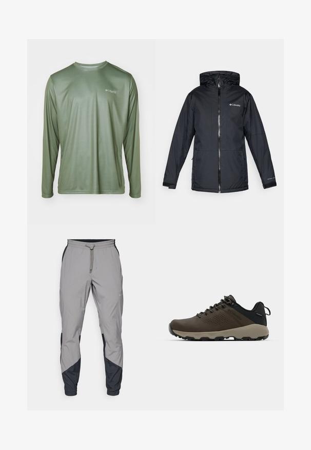 Schwarze Columbia wasserdichte Jacke mit Kapuze, Frontreißverschluss, verstellbaren Bündchen und Logo auf der Brust und dem Ärmel.; Columbia TERMINAL TACKLE PFG LINE TIME - Langarmshirt - cypress; Leichte, graue Sporthosen mit schwarzen Akzenten. Elastischer Bund, Kordelzugverschluss, taillierte Beinform und Seitentaschen.; Braune wasserdichte Sneakers mit einer strukturierten Oberseite, perforierten Akzenten, schwarzem Fersenschutz und einer grauen Gummisohle. Die Schnürsenkel sind mit metallischen Enden gestaltet.